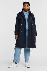 Donkerblauwe dames ESPRIT Curvy trenchcoat jas van katoen met lange mouwen, reverskraag, knoopsluiting en ceintuur