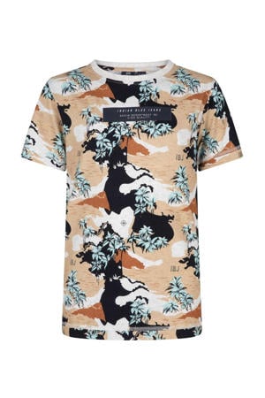 T-shirt Hawai met all over print beige/donkerblauw