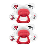 Difrax fopspeen Natural 20+ maanden - I Love Mama(2 stuks), Mama rood-wit-print