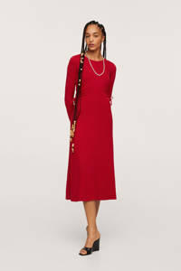 Rode dames Mango maxi jurk van gerecycled polyester met lange mouwen, ronde hals en knoopdetail