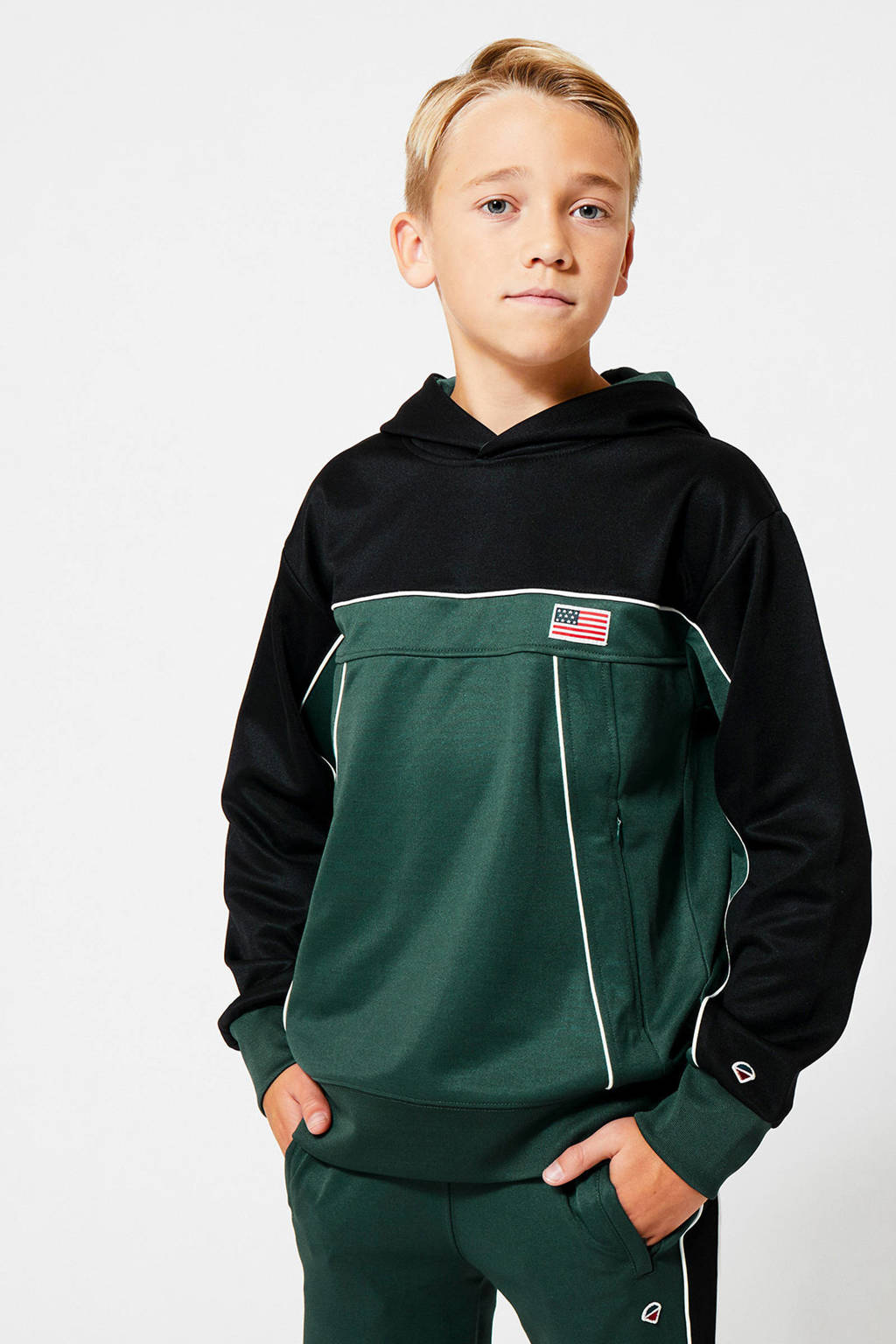 Groen en zwarte jongens America Today Junior hoodie van sweat materiaal met lange mouwen, capuchon en geribde boorden