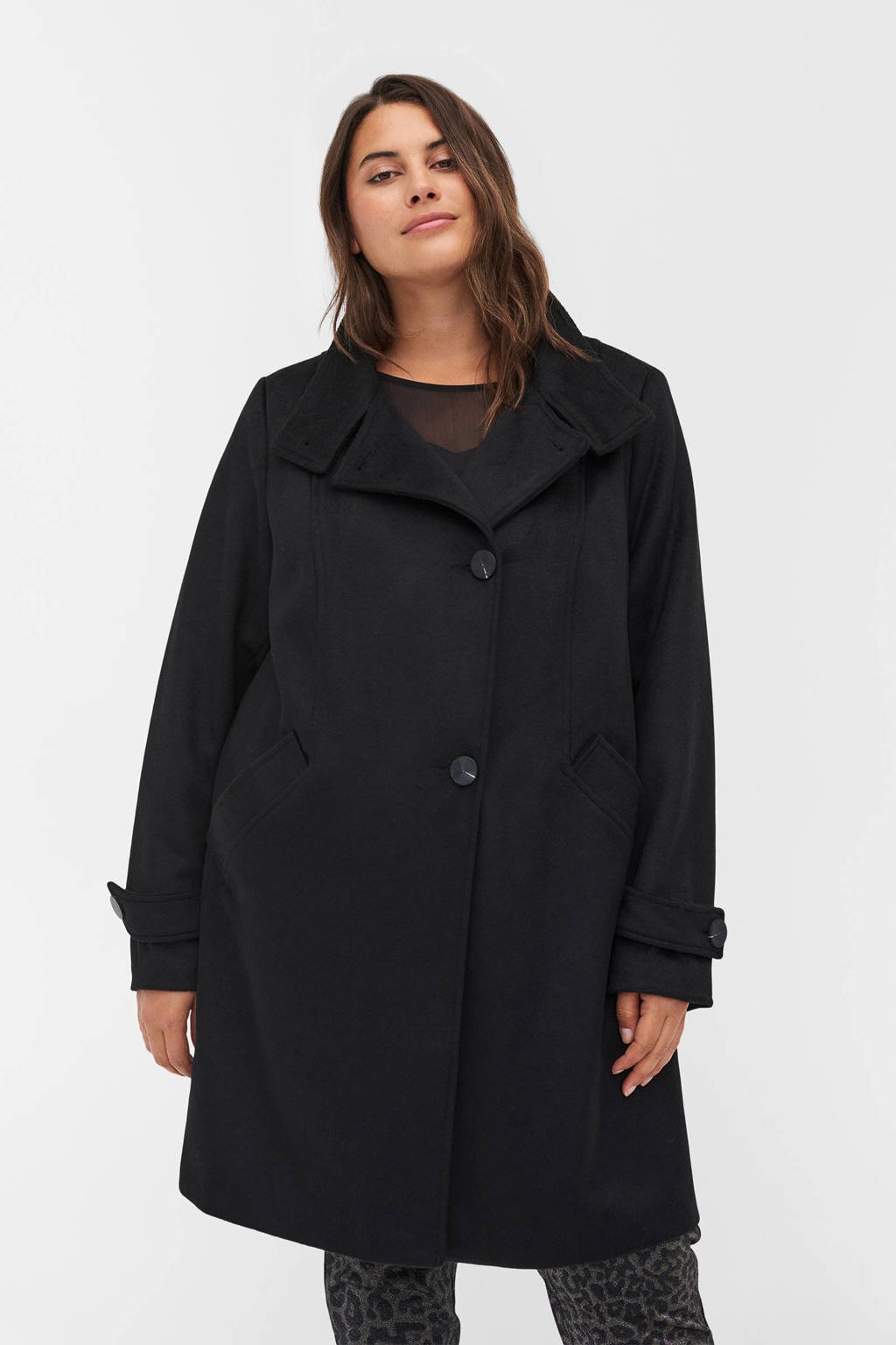 Zwarte dames Zizzi coat van polyester met lange mouwen, reverskraag en knoopsluiting