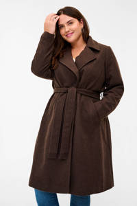 Bruine dames Zizzi gemêleerde coat van polyester met lange mouwen, reverskraag, drukknoopsluiting en knoopdetail