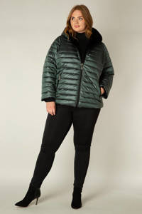 Groen en zwarte dames Yesta reversible gewatteerde jas met lange mouwen, capuchon, ritssluiting en doorgestikte details