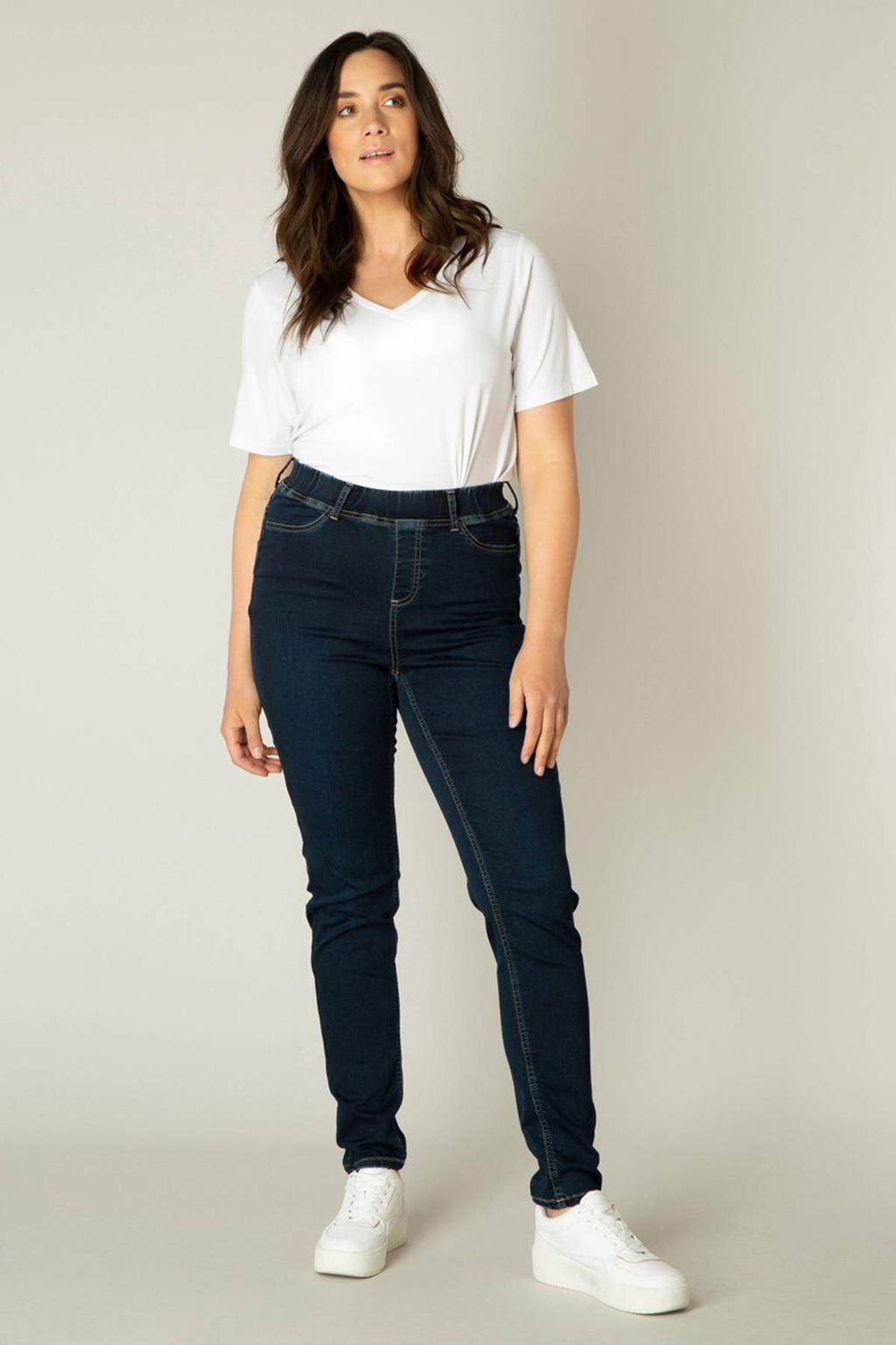 Dark blue denim dames Base Level Curvy slim fit jegging Tessa met high waist, elastische tailleband en effen
