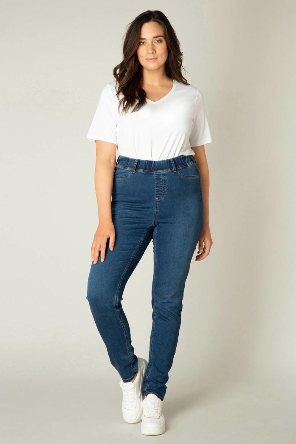 Dark blue denim dames Base Level Curvy slim fit jegging Tessa met high waist, elastische tailleband en effen