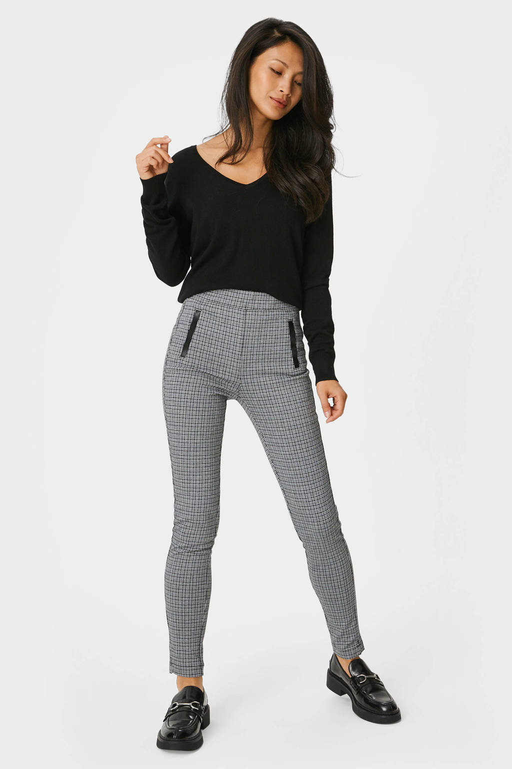 C&A geruite high waist skinny pantalon zwart/wit, Zwart/wit