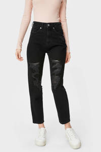 Zwarte dames C&A Clockhouse cropped high waist mom jeans van duurzaam stretchdenim met rits- en knoopsluiting