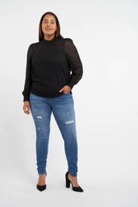 Zwarte dames MS Mode semi-transparante top van polyester met lange mouwen, opstaande kraag, knoopsluiting en ajour details