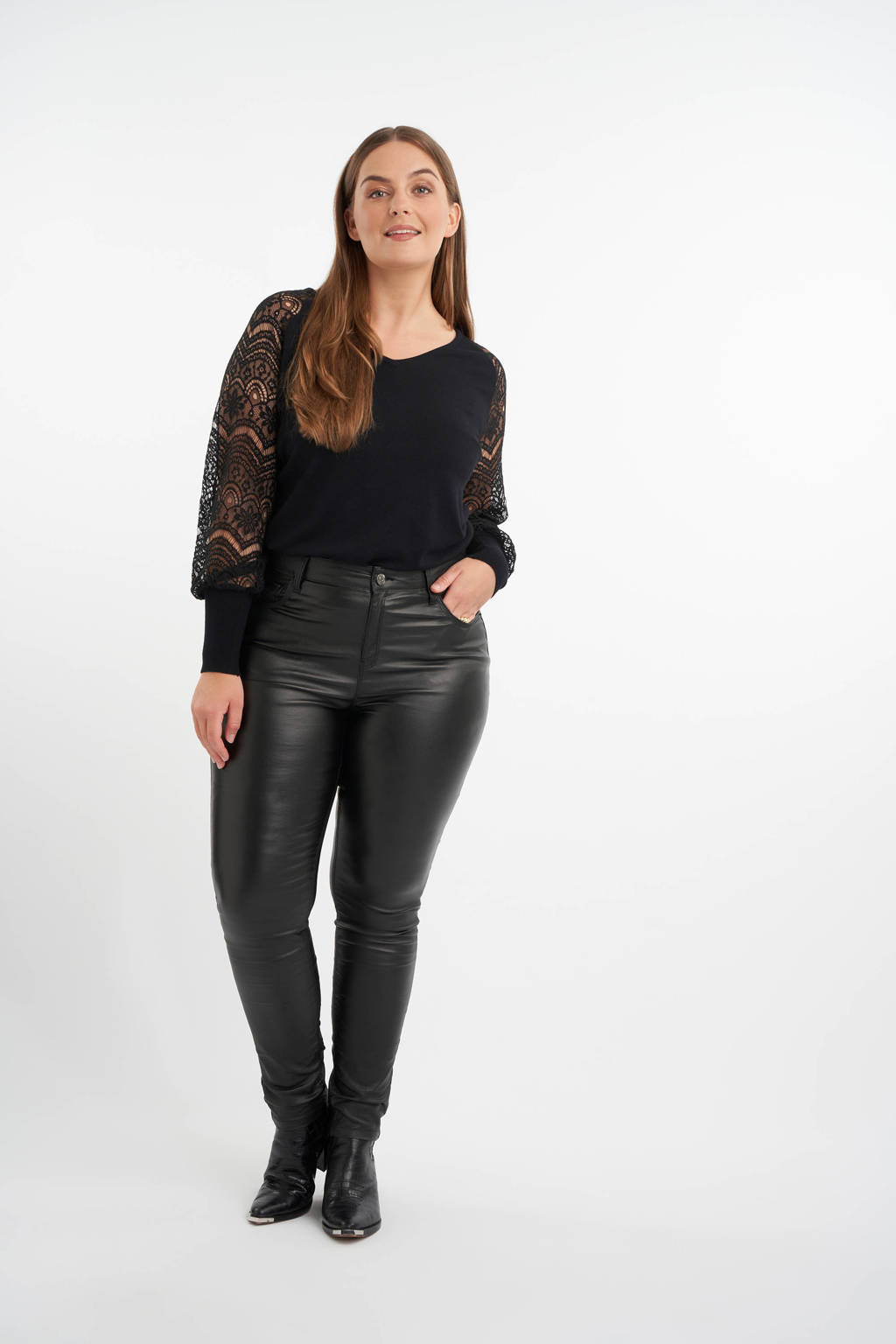 MS Mode coated high waist slim fit broek zwart, Zwart