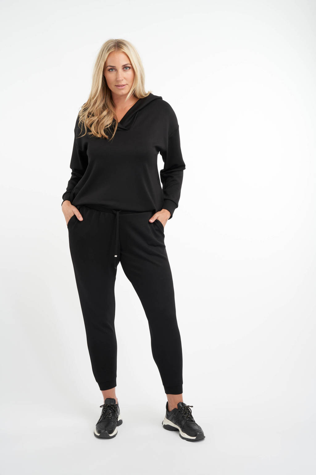 Zwarte dames MS Mode regular fit sweatpants van viscose met elastische tailleband met koord