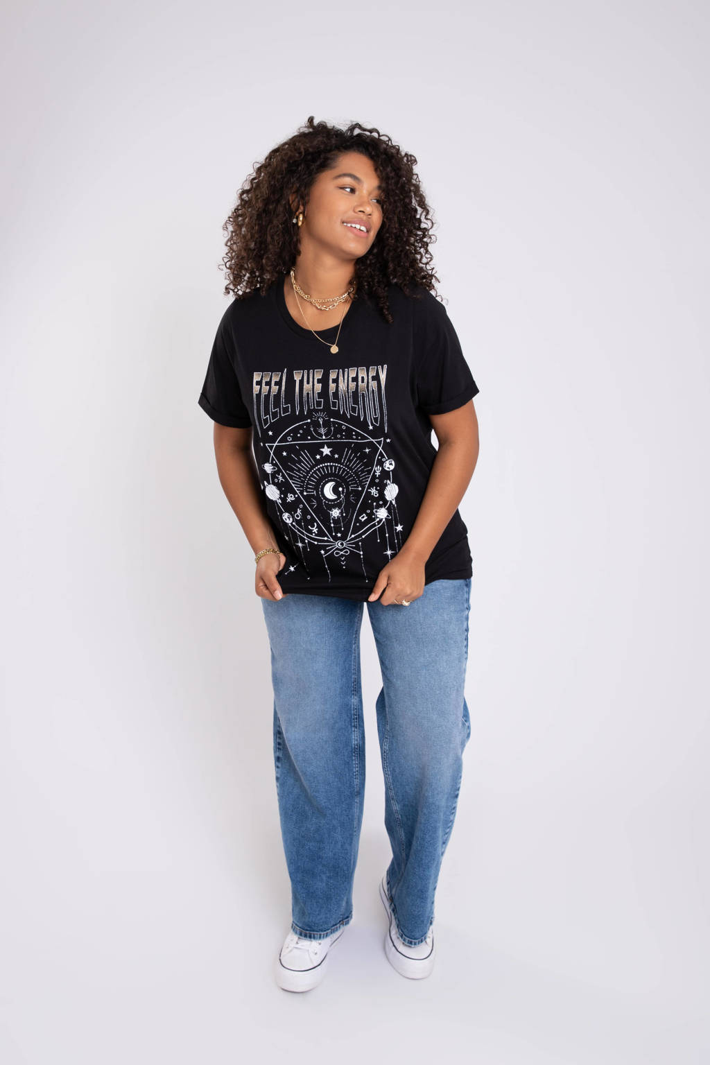 Zwarte dames MS Mode T-shirt van katoen met printopdruk en korte mouwen