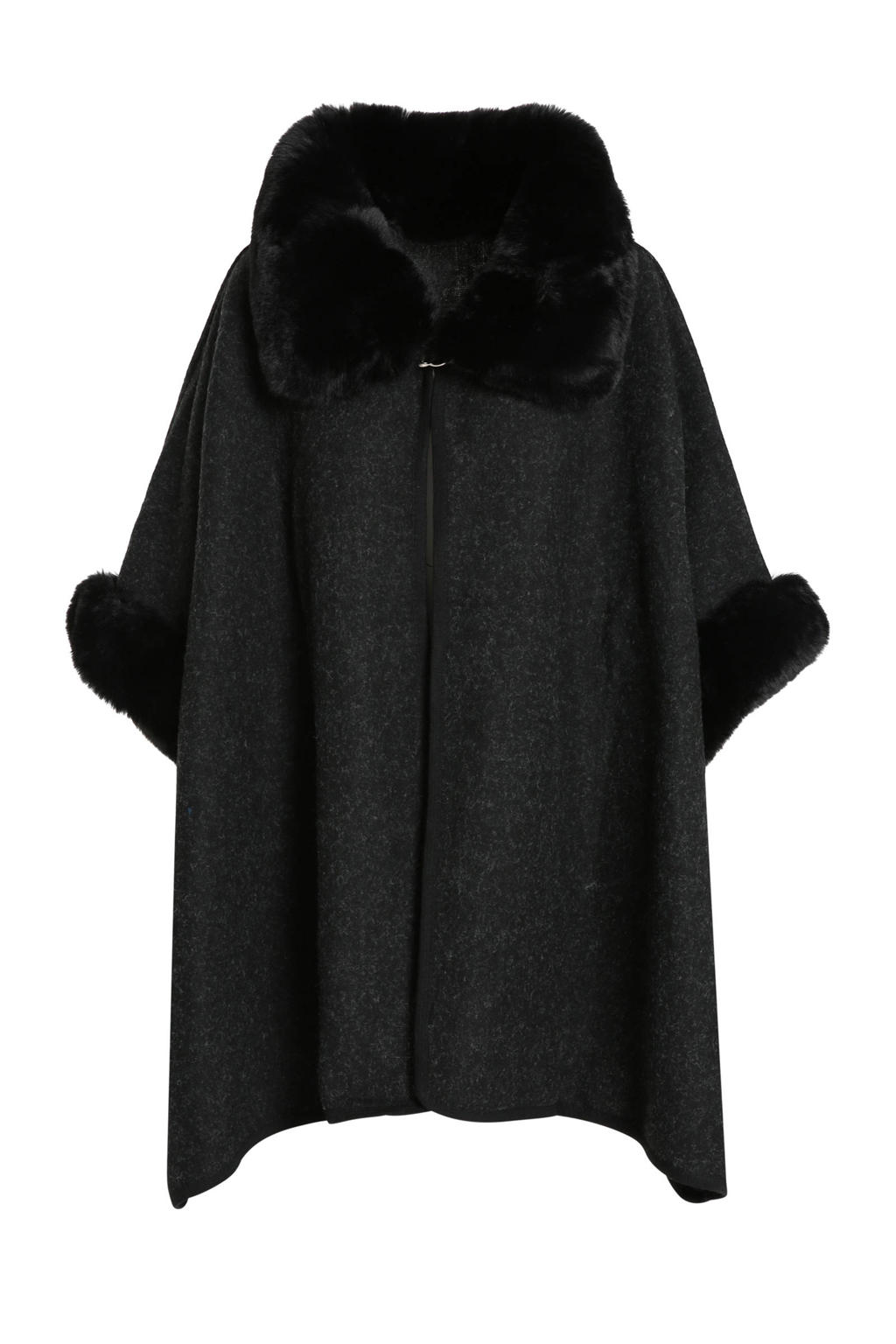 Poncho van imitatiebont, oversized, opstaande kraag, sierknopen, zwart | Ulla Popken