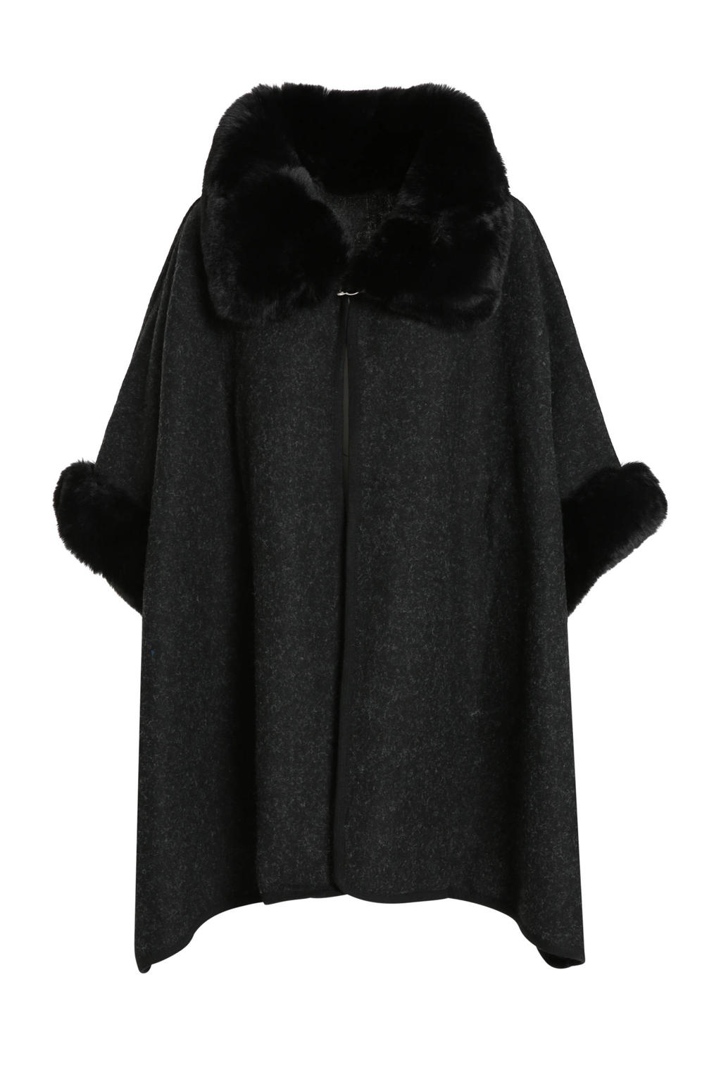Poncho van imitatiebont, oversized, opstaande kraag, sierknopen, zwart | Ulla Popken Poncho van imitatiebont, oversized, opstaande kraag, sierknopen, zwart | Ulla Popken