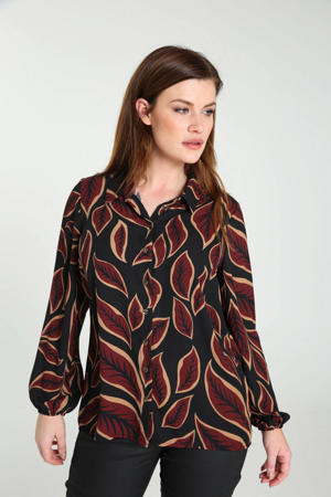 semi-transparante blouse met bladprint en plooien zwart/rood/lichtbruin