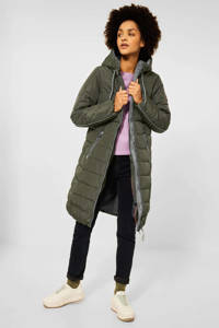Donkergroene dames CECIL gewatteerde jas van polyester met lange mouwen, capuchon, ritssluiting en doorgestikte details
