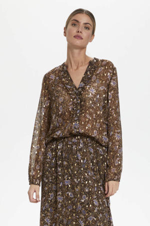 semi-transparante blouse Jalila met paisleyprint en lurex zwart/groen