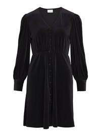 Zwarte dames VILA fluwelen jurk met lange mouwen, V-hals en knoopsluiting