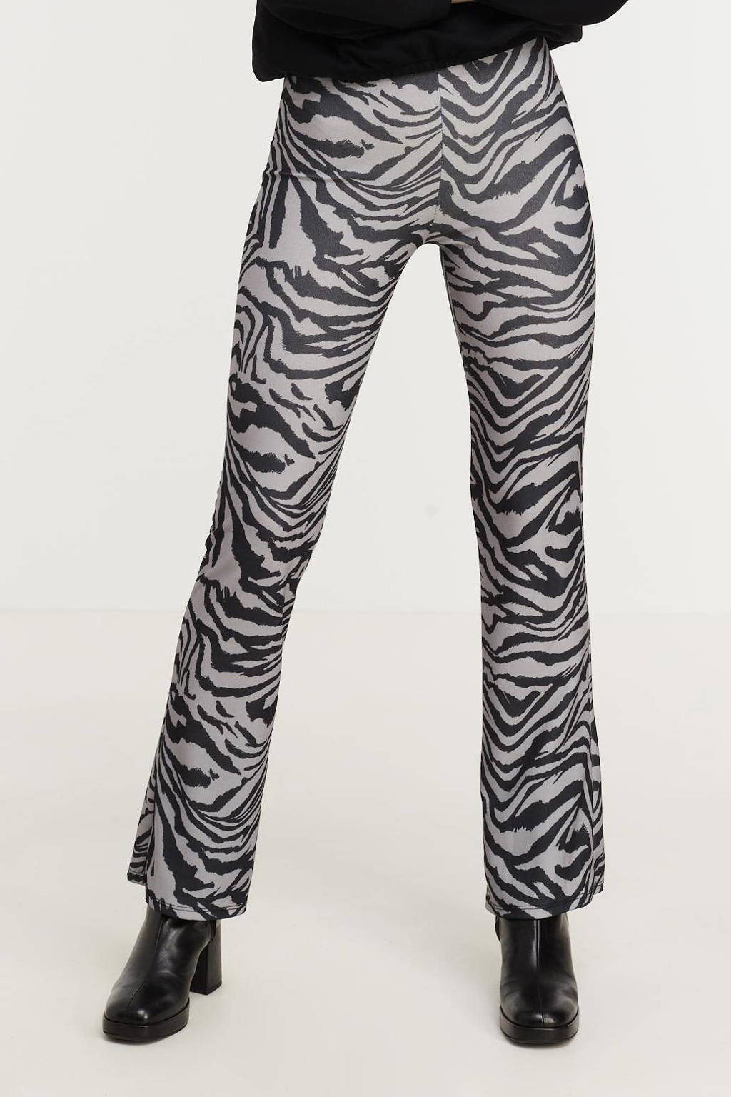 Grijs en zwarte dames Hailys flared legging van polyester met regular waist, elastische tailleband en zebraprint