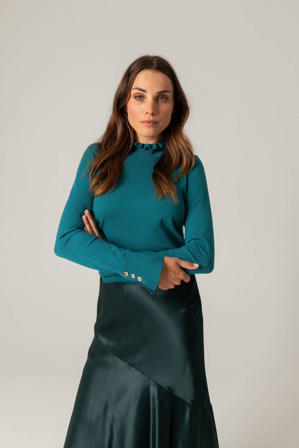 Turquoise dames Claudia Sträter fijngebreide trui van rayon met lange mouwen en opstaande kraag
