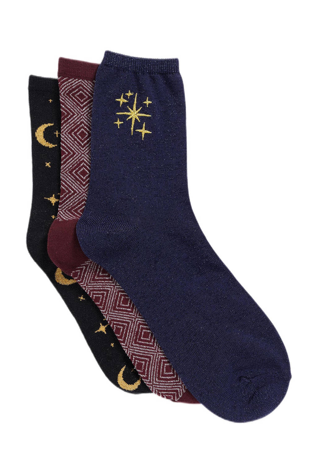 WE Fashion sokken met all-over print - set van 3 zwart, zwart/goudkleurig