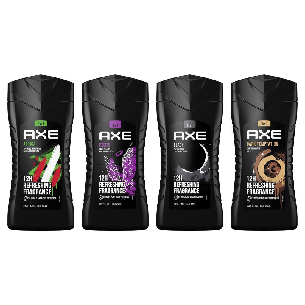 Axe Africa + Black + Dark Temptation + Excite 3-in-1 Douchegels - 4 x 250 ml - Voordeelverpakking