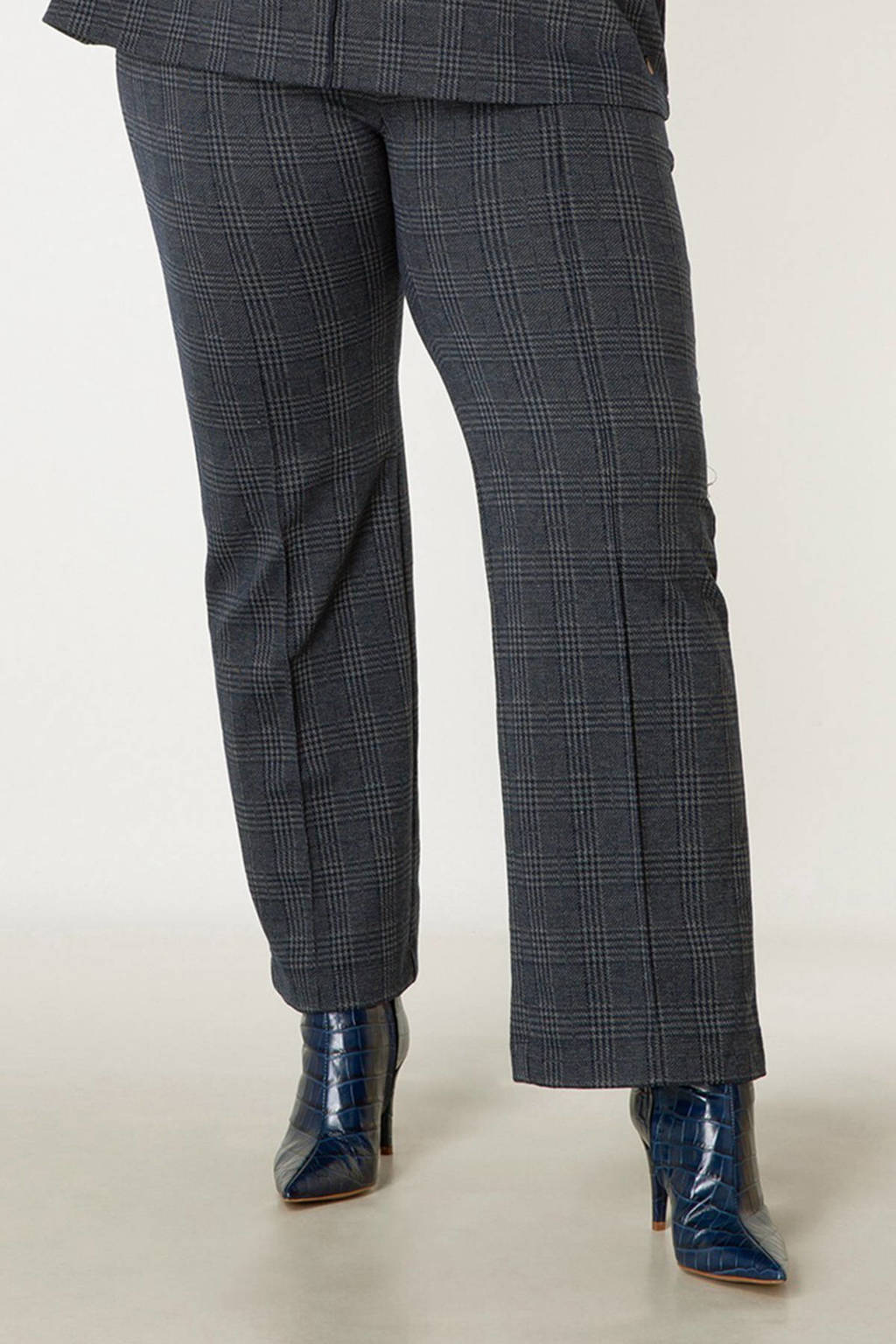 Yesta geruite straight fit pantalon Beaudine antraciet/donkerblauw, Antraciet/donkerblauw