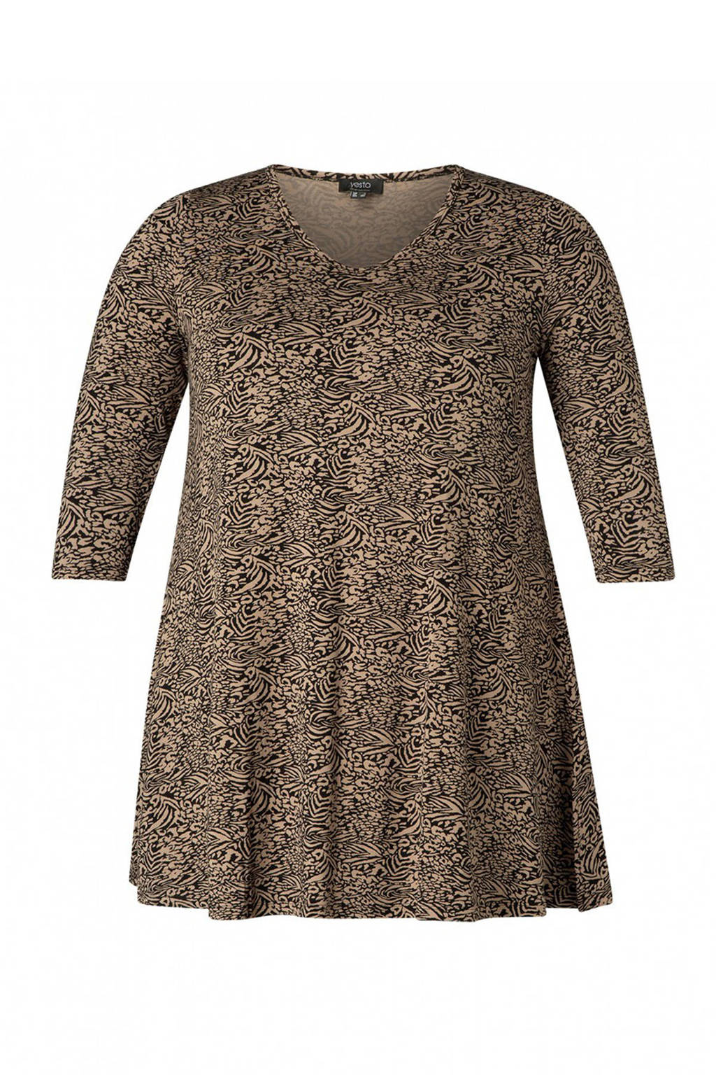 Bruin en zwarte dames Yesta tuniek Ankaria van viscose met all over print, driekwart mouwen en V-hals