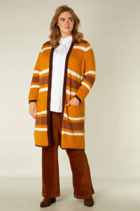 Oranje, bruin en witte dames Yesta gestreept fijngebreid vest van acryl met lange mouwen en openvallende hals