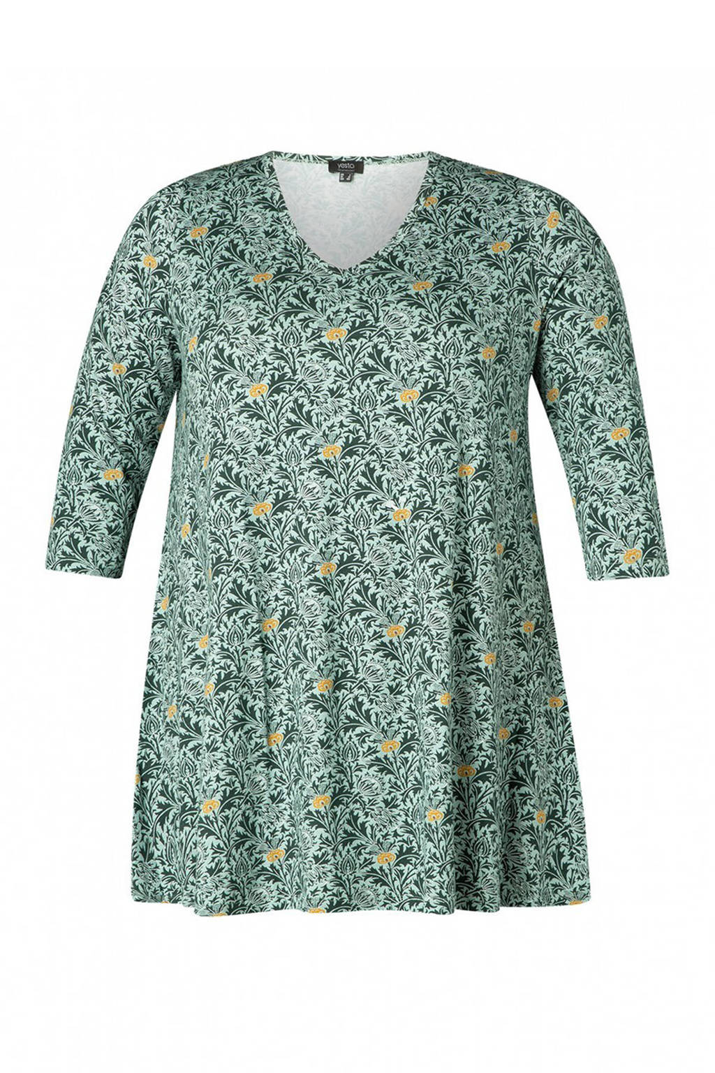 Mintgroen, petrol en okergele dames Yesta tuniek Ankaria van viscose met all over print, driekwart mouwen en V-hals