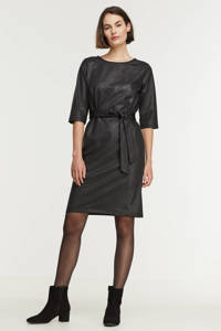 Zwarte dames Imagine coated jurk van polyester met half lange mouwen, ronde hals en ceintuur