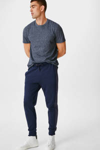 Donkerblauwe heren C&A regular fit joggingbroek van sweat materiaal met elastische tailleband met koord en contrast bies