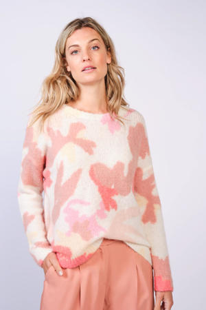 gebreide trui met wol en all over print ecru/roze/lichtgeel