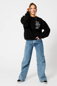 Zwarte unisex America Today sweater Sean van katoen met printopdruk, lange mouwen, ronde hals en geribde boorden