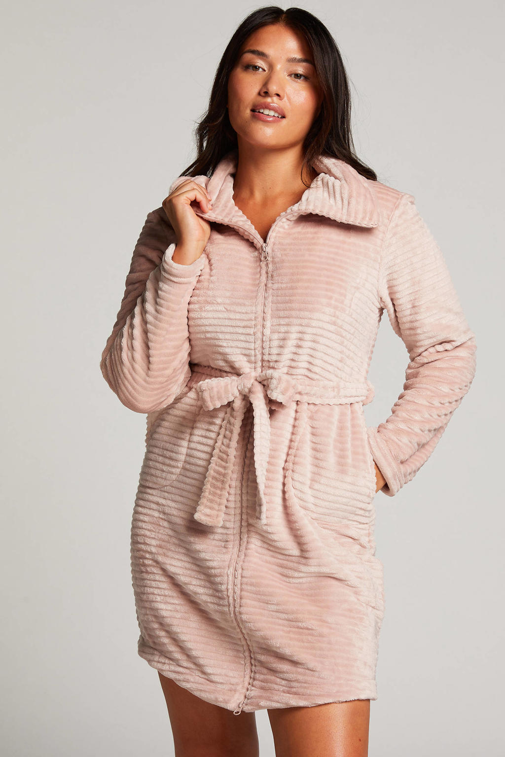 Hunkemöller fleece badjas met ritssluiting lichtroze