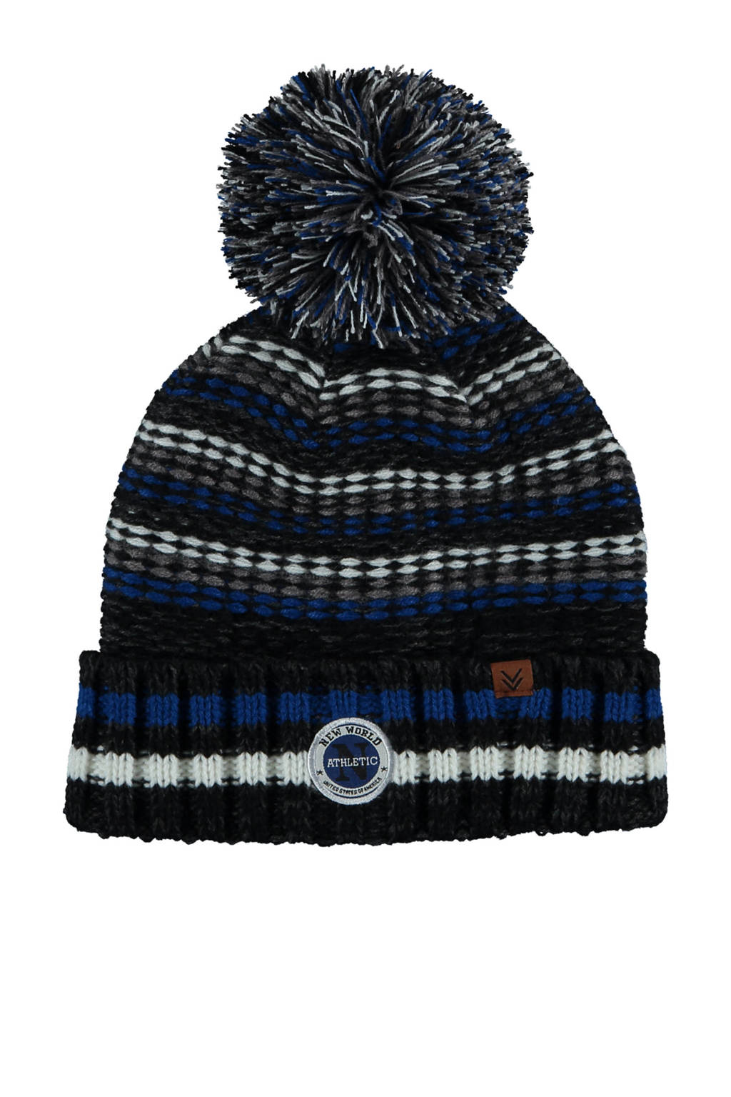 Sarlini muts met pompon zwart/blauw, Zwart/blauw/grijs