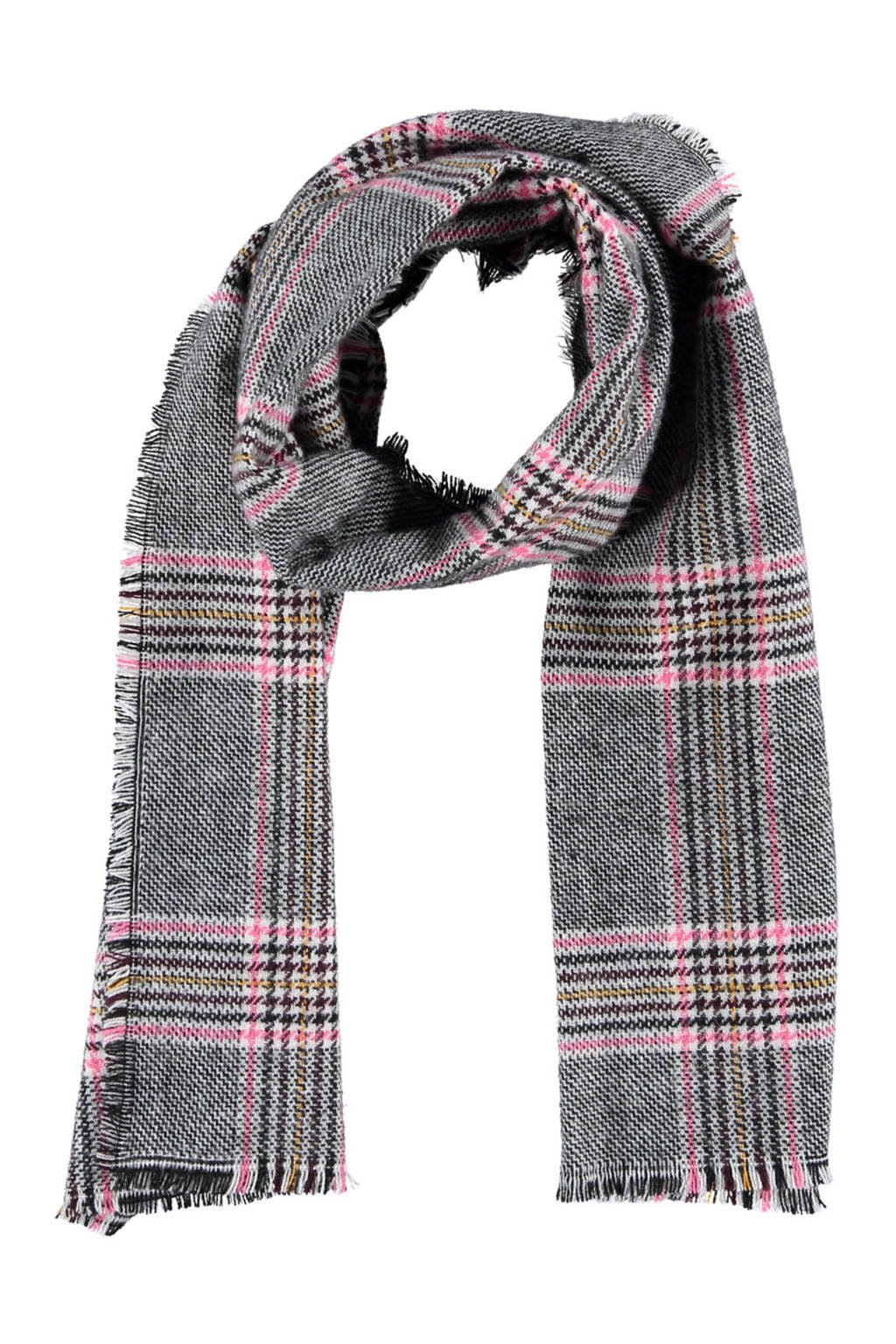 Sarlini sjaal met pied-de-poule print grijs/roze, Grijs/roze/geel