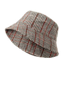 Sarlini bucket hat met ruitprint grijs, Grijs/rood