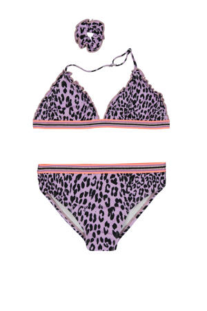 triangel bikini + scrunchie ZEMMA met panterprint lila/zwart