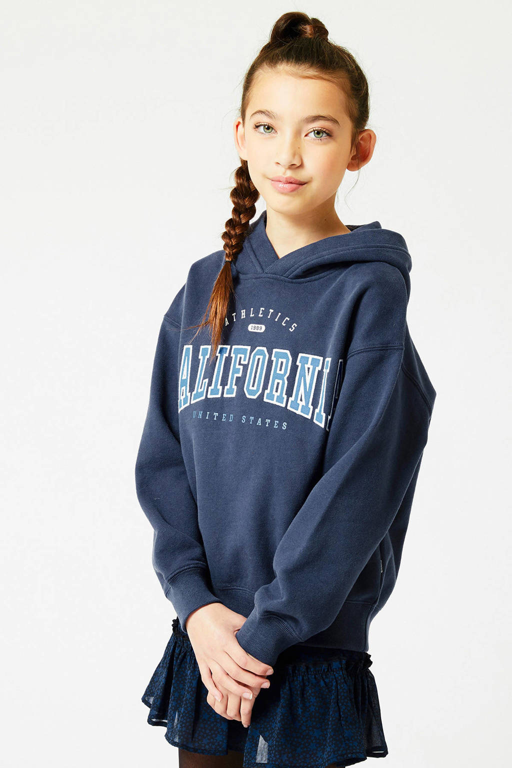 Blauwe meisjes America Today Junior hoodie Sue van sweat materiaal met tekst print, lange mouwen en capuchon