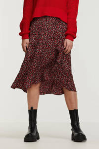 Rood, zwart en witte dames Lofty Manner gebloemde rok gemaakt van polyester en met elastische tailleband