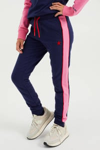 WE Fashion tapered fit joggingbroek met zijstreep donkerblauw/roze, Donkerblauw/roze