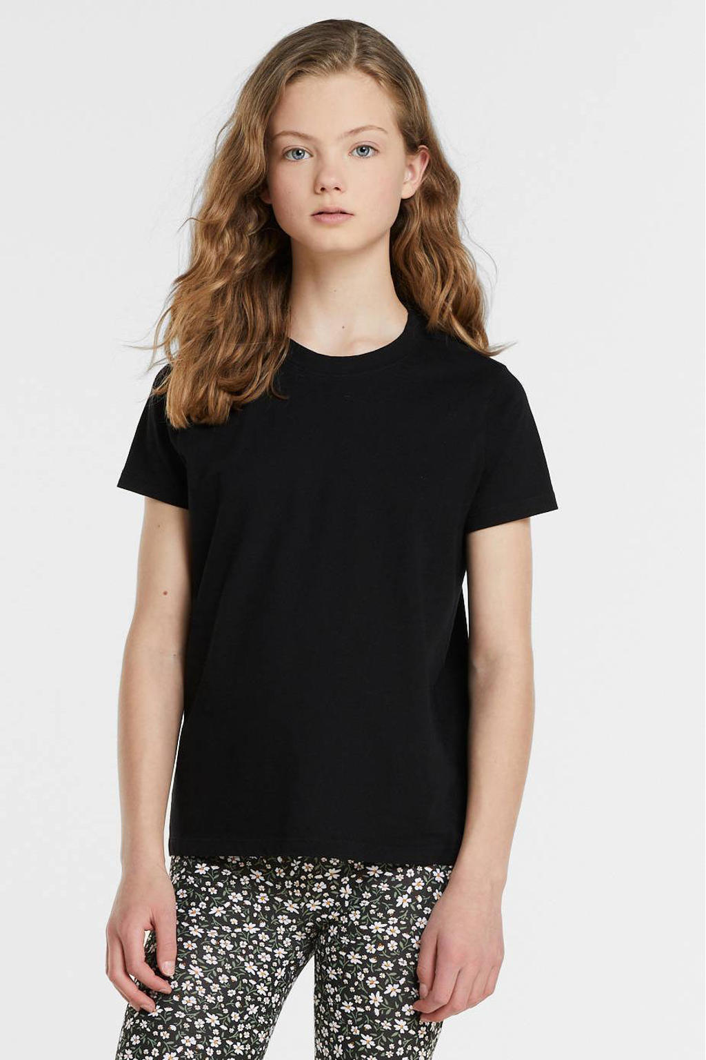 Zwarte meisjes Anytime basic T-shirt van katoen met effen, korte mouwen, ronde hals en geweven detail