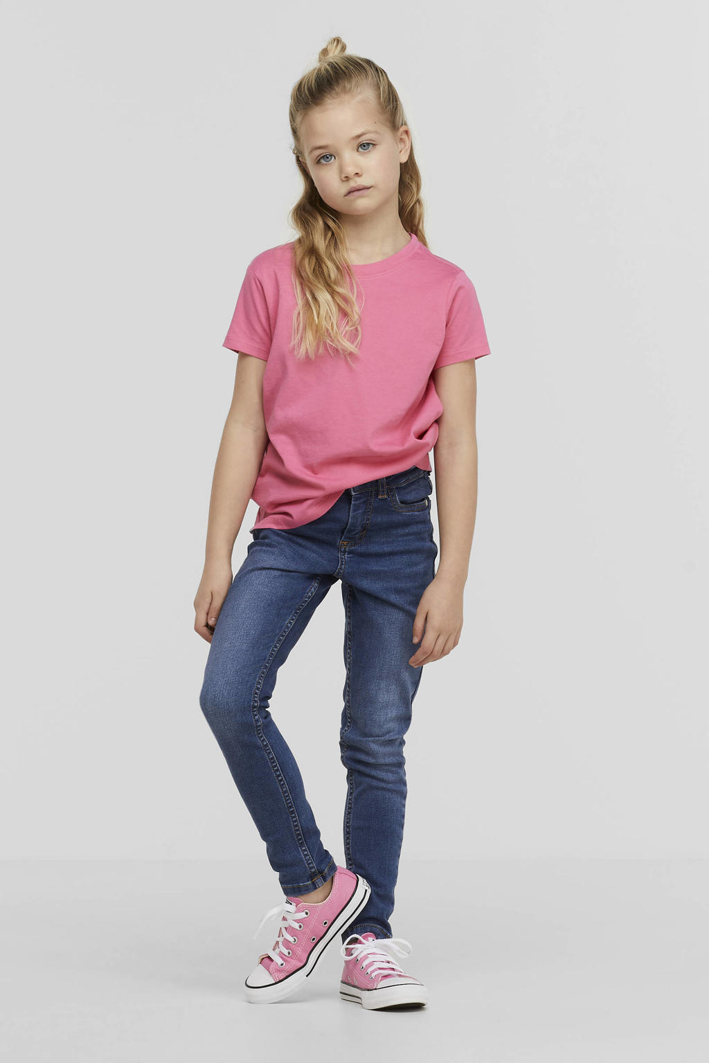 Roze meisjes anytime T-shirt van katoen met korte mouwen, ronde hals en geweven detail