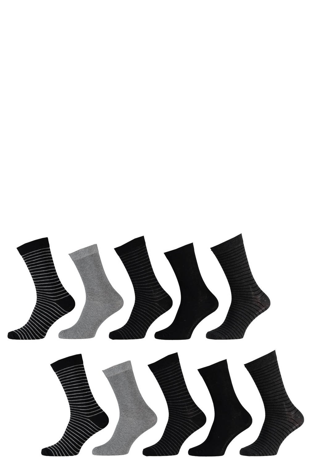 Apollo sokken met strepen - set van 10 zwart, Zwart