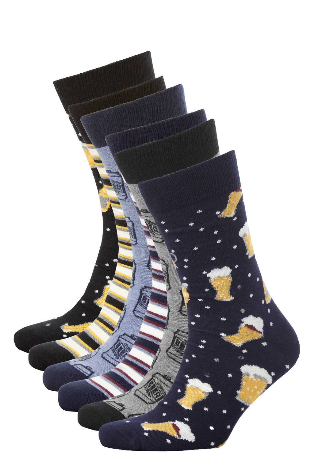 Apollo sokken met all-over print - set van 6 multi, Blauw/geel/grijs