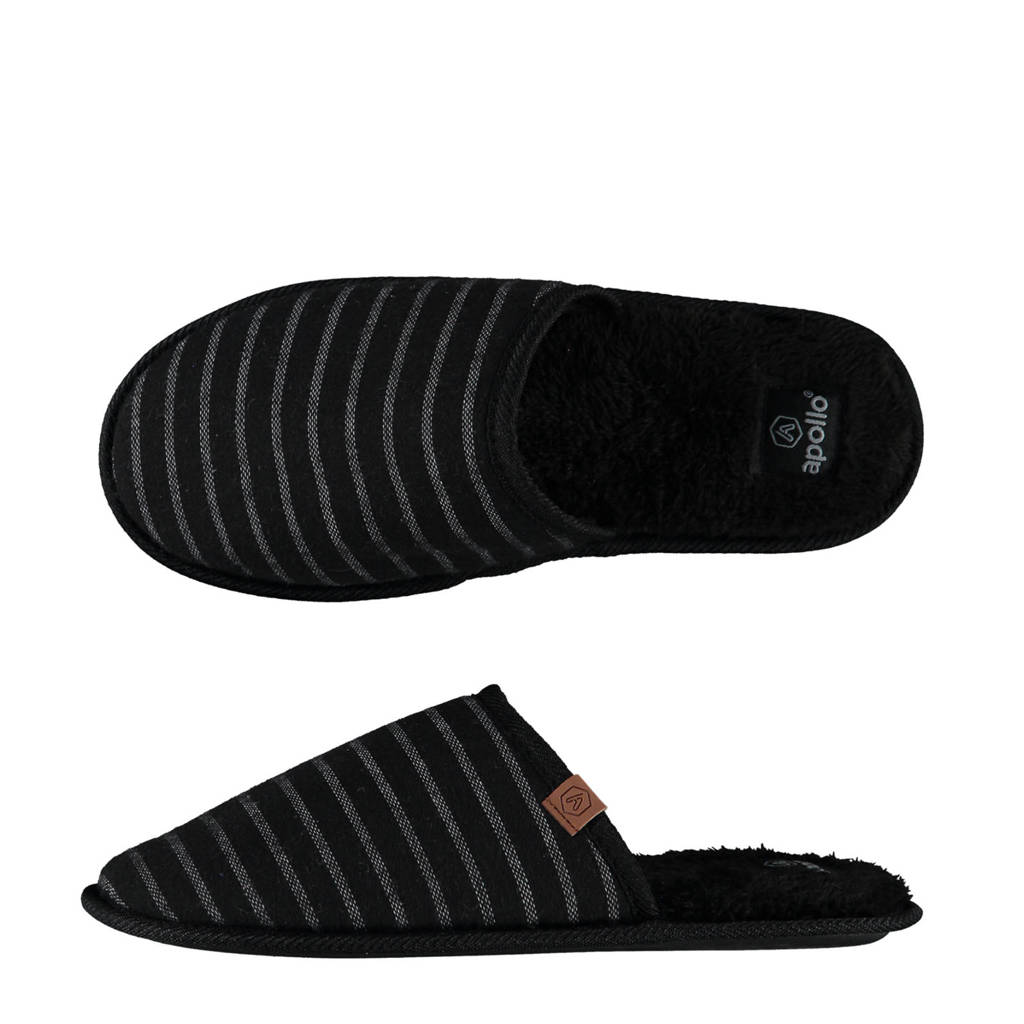 Apollo pantoffels met strepen zwart, Zwart
