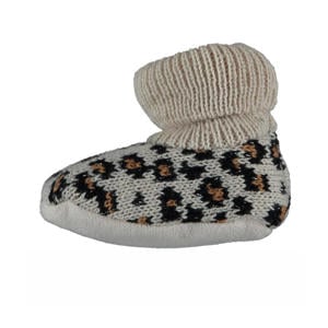 gebreide slofjes panterprint beige/zwart/bruin