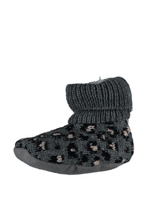 gebreide slofjes panterprint antraciet/zwart/beige