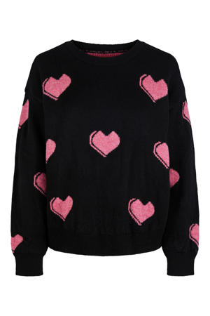 gebreide trui met hartjes zwart/roze